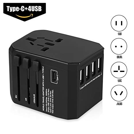 Universal Travel Adapter, Worldwide International Power Adapter Electric Outlet Converters Wall Charger AC Plug with 4 x 2.4A USB Ports, 3.0A USB Type-C for Canada, USA, Europe, UK, AU, Asia 150 Countries, for Cell Phone Tablet Laptop By MIBOTE