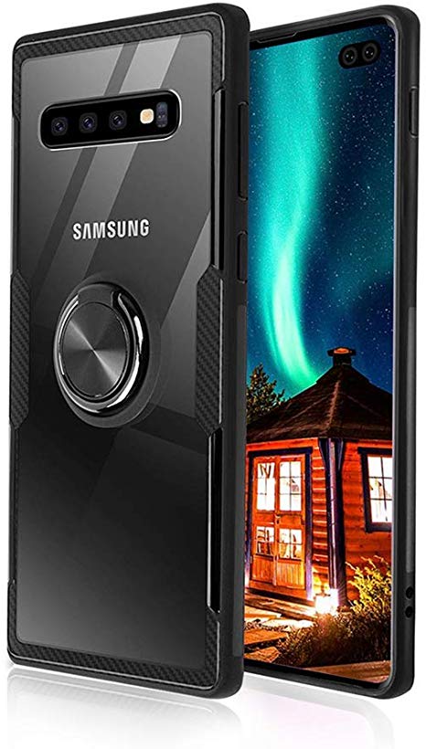 Samsung Galaxy S10 Plus Case, Besiva Clear Hard Back Cover Slim Rubber Bumper Hybrid Case with 360° Rotation Ring Holder Kickstand [Work with Magnetic Car Mount] for Galaxy S10 Plus, gk7