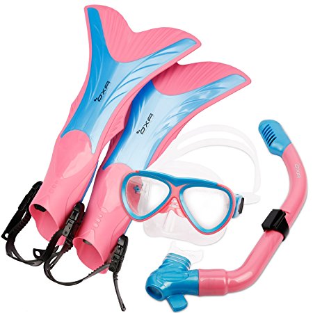 OXA Scuba Diving Snorkel Set including Dry Top Snorkel, 2-Windows Tempered Glass Mask and Trek Fins for Kids