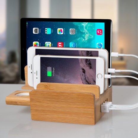 FLECK 5-Port Fast USB Charging Station 100% Natural Bamboo Apple Watch Stand Charger Charging Dock/Holder For Apple Watch All iPhones & Android Smartphones Tablets, With 4 Short Apple Lightning Cables