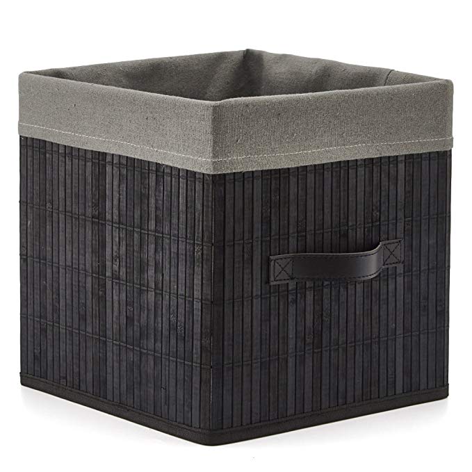 EZOWare Decorative Multi-Purpose Bamboo Storage Organizer Cube Bin Removable Grey Liner 10.5 in W x 10.5 x 11 inch Nursery, Bathroom, Bedroom, Office - Black/Medium