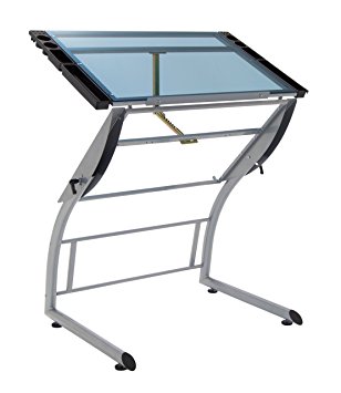 Studio Designs 10089 Triflex Drawing Table, Sit to Stand Up Adjustable Desk, Silver/Blue Glass