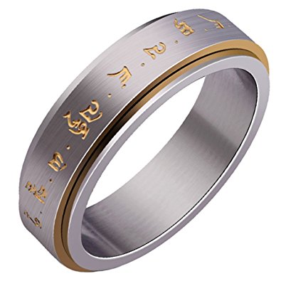 HIJONES Men's Stainless Steel Buddhist Gold Mantra Pattern Spinner Lucky Ring