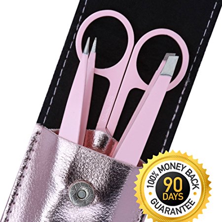 Tweezers Set with Eyebrow Scissors Includes Case With Two Professional Slant & Straight Precision Stainless Steel- Ingrown Hair Nose, Hair Eyebrow & Splinters-