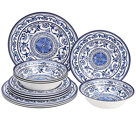 AmazonBasics 12-Piece Melamine Dinnerware Set - Service for 4, Traditional Blue and White