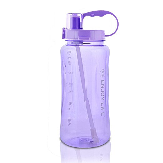 GTI Large Capacity Sports Water Bottle, BPA Free Wide Mouth Portable Big Plastic Bottle Leak Proof Space Cup Travel Mugs with Scale Straw Strap