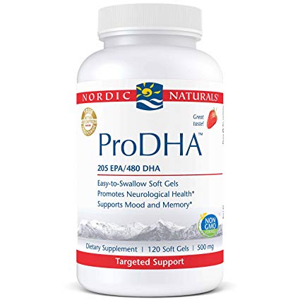 Nordic Naturals ProDHA - Fish Oil, 205 mg EPA, 480 mg DHA, Targeted Support for Neurological Health, Mood, Memory, and Healthy Vision*, Strawberry, 120 Soft Gels