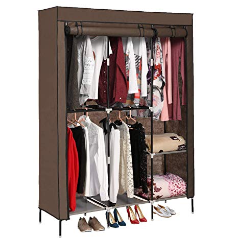 Jaketen Portable Closet Wardrobe Storage Organizer with Sturdy Cover Clothes Closet with 5 Hanging Rack, Easy to Assemble (Coffee)