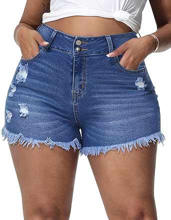 Gboomo Womens Plus Size Denim Shorts High Waisted Stretchy Ripped Jean Shorts Casual Frayed Raw Hem Short Jeans