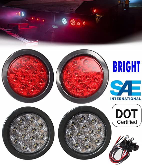 2 Red   2 White 4" Round Led Stop Turn Tail Back-up Reverse Fog Lights Include Lights Grommet Plug for Truck Trailer RV - WE PAY YOUR SALES TAX