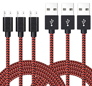 WZS Micro USB Cable,3Pack 10FT Extra Long Nylon Braided High Speed USB to Micro USB Charging Cables Android Charger Cord for Samsung Galaxy S7 Edge/S6/S5/S4,Note 5/4/3,HTC,LG,Nexus-Black Red