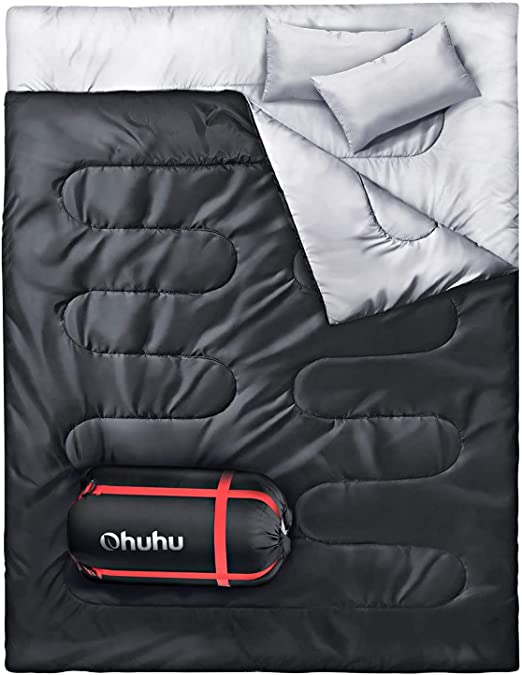 Ohuhu Double Sleeping Bag with 2 Pillows, Waterproof Lightweight 2 Person Adults Sleeping Bag for Camping, Backpacking, Hiking, with Carrying Bag