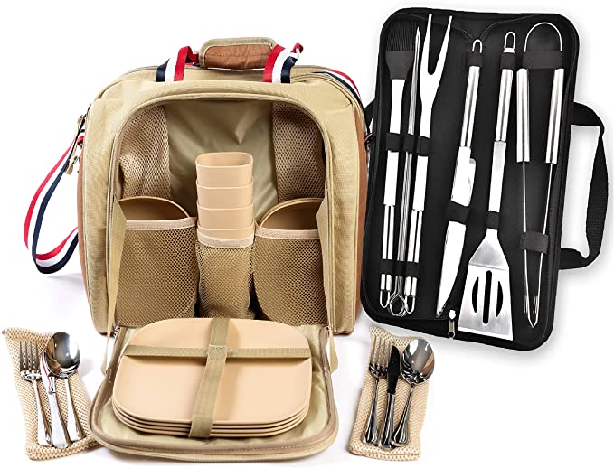 Large Picnic Bag for 4 person with Insulated Cooler Compartment, camping picnic bag with utensils, outdoor picnic bag, cooler with bamboo plates for camping/hiking, BBQ/grilling tools (Khaki Dishware)