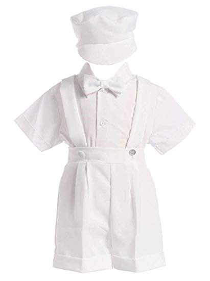 White Christening Baptism Suspenders and Short Set with Hat