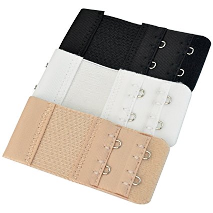 Bra Extender - Pistha 3 PCS Elastic Lingerie Extenders 2-Hooks 2 Rows Extension Strap in Three Different Colors (Black, White and Nude)