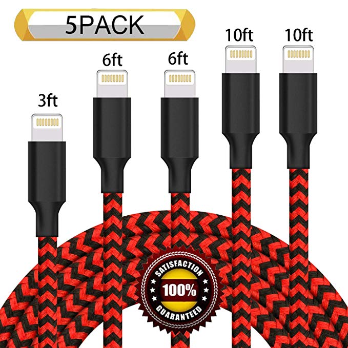 BULESK Phone Cable 5Pack 3FT 6FT 6FT 10FT 10FT Nylon Braided Phone Charger Cord Compatible with Phone Xs/XS Max/XR/X/Phone 8 8 Plus 7 7 Plus 6s 6s Plus 6 6 Plus Pad Pod Nano - Black Red