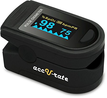 Acc U Rate Pro Series 500D Deluxe Fingertip Pulse Oximeter Blood Oxygen Saturation Monitor with silicon cover, batteries and lanyard (Mystic Black)