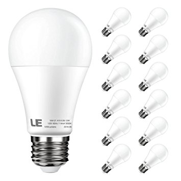 LE 12 Pack 12W Non-Dimmable A19 E26 LED Bulbs, 75W Incandescent Bulbs Equivalent, 1050lm, Daylight White, 5000K, 180° Flood Beam, E26 Medium Base, LED Light Bulbs