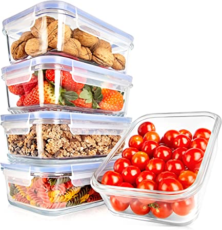 NutriChef 10-Piece Glass Food Containers - Stackable Superior Glass Meal-prep Storage Containers, Newly Innovated Leakproof Locking Lids w/ Air Hole, Freezer-to-Oven-Safe