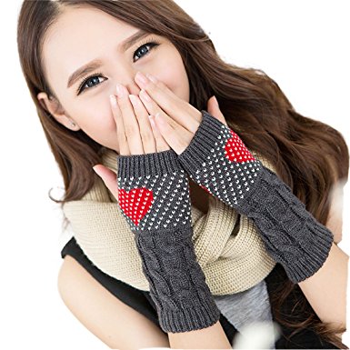 Voberry® Women Fingerless Love Heart Gloves Crochet Half Finger Knitted Mittens