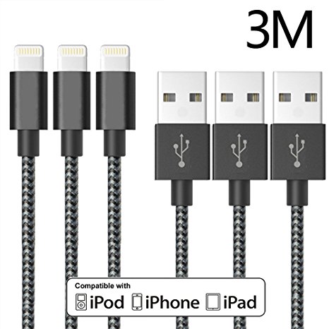 Lightning Cable,ONSON 3Pack 3m/10ft Extra Long Nylon Braided Apple iPhone Charger Cable Charging Lead Cord USB Wire for iPhone 7/7 Plus/6S Plus/6 Plus/5/5S/5C/SE,iPad Pro/Air/mini,iPod(Black White)