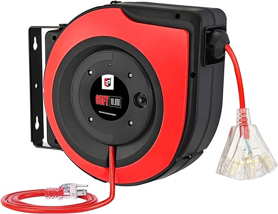 EP Retractable Extension Cord Reel,65 Feet 12 AWG/3C SJTOW Heavy Duty Power Cord,15 AMP Circuit Breaker, 3-Lighted Triple Outlets,Ceiling or Wall Mount Use Indoor/Outdoor, Red