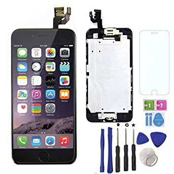 YELLYOUTH iPhone 6 6G 4.7 Inch LCD Touch Complete Screen Digitizer Frame Assembly Full Set with Spare Parts Replacement with Home Button and Camera Free Tools Kit (Black)