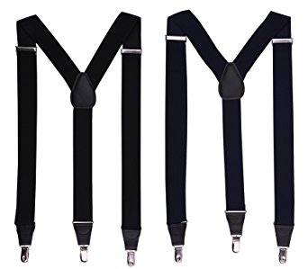 JINIU Men's Fashion Soild Straight Clip On Leather connector Elastic Suspenders