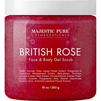 MAJESTIC PURE British Rose Gel Facial and Body Scrub - Gentle Gel Scrub Exfoliates, Hydrates, and Moisturizes Face and Skin - Rejuvenating and Refreshing - 10 oz