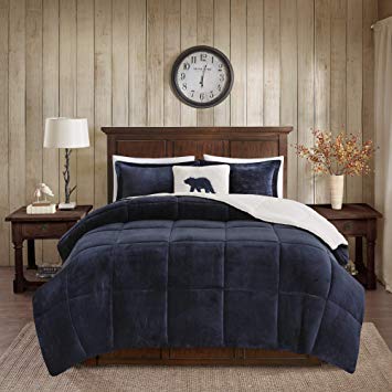 Woolrich Alton Ultra Soft Plush to Sherpa Berber Down Alternative Cold Weather Winter Warm Comforter Set Bedding, Full/Queen, Navy/Ivory