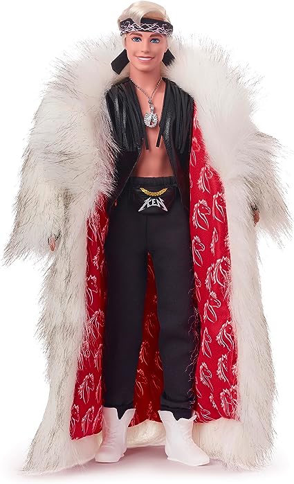 Barbie The Movie Collectible Ken Doll Wearing Big Faux Fur Coat and Black Fringe Vest with Bandana