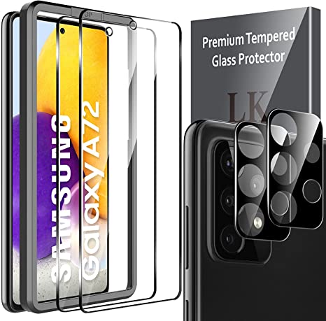 4 Pack LK 2pcs Screen Protector for Samsung Galaxy A72 4G/5G   2pcs Camera Lens Protector, Anti-Scratch, Easy-Installation Tool, Tempered Glass 9H Hardness for Samsung Galaxy A72 4G/5G