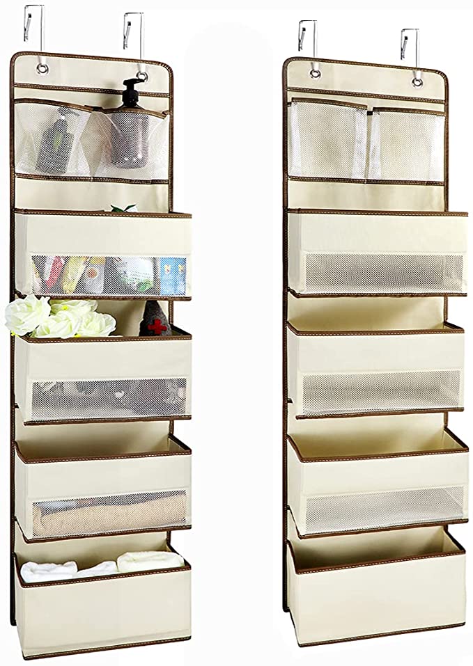 LadyRosian 2 Pack Over The Door Organizer, 5 Layer Foldable Wall Mount Pocket Organizer, Hanging Nursery Closet Storage for Cosmetics,Stationery,Toys,Sundries - 2 Pack (Beige)