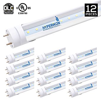 12-Pack of Hyperikon T8 LED Light Tube, 4ft, 18W (36W equivalent), 6000K (Very Bright White), Single Ended Power, Clear, UL-Listed & DLC-Qualified [12 Tombstones Included]