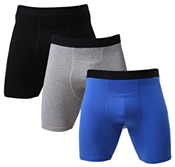 Men's Cotton Boxer Briefs Long Leg Underwear No Ride Up Stretch With Open Fly