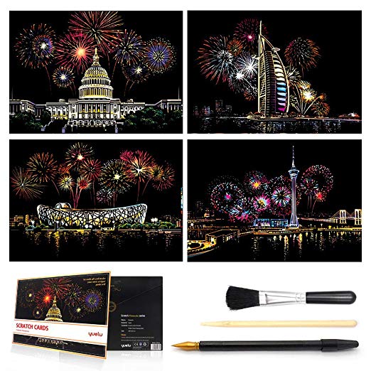 Scratch & Sketch Art Paper(A4) for Kids & Adults, Rainbow Painting Night View Scratchboard, Art&Craft, Engraving Art Set: 4 Sheets Scratch Cards & Scratch Drawing Pen, Clean Brush (Colorful Fireworks)