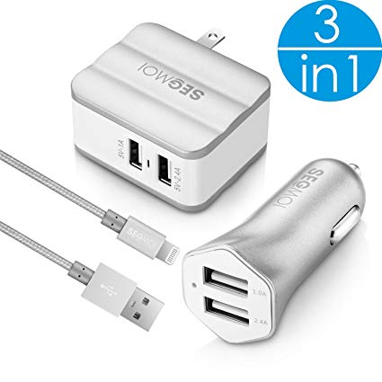 3in1 SEGMOI [Apple MFi Certified] 3Ft/1M Lightning Braided Cable   Fast Charge 3.4A Foldable Dual USB Wall Adapter   3.4A Car Charger for iPhone 7 7 Plus 5 5s SE 6 6S 6Plus iPad 2 3 Air Pro (Silver Kit)