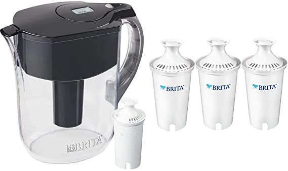 Brita Water Pitcher with 1 Filter, Large 10 Cup, Black & Standard Replacement Filters for Pitchers and Dispensers, 3 Count, White