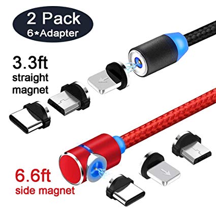Side Magnetic Charger Charging Cable for Micro USB Android Type C Phone Pad Tablet Xbox Devices.360° Round Max 2.4At Fast with Soft LED Indicator. (3tips in 1cable（2pack)