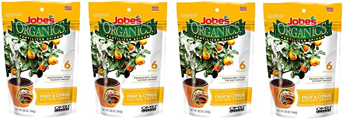 Jobe’s Organics Fruit & Citrus Tree Fertilizer Spikes, 3-5-5 Time Release Fertilizer for All Container or Indoor Fruit Trees, 6 Spikes per Package (4)