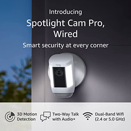 Introducing Ring Spotlight Cam Pro, Wired | 3D Motion Detection, Two-Way Talk with Audio , and Dual-Band Wifi (2022 release) - White