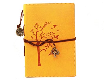 Valery Classic PU Leather Notebook-Vintage Diary-Journal -Blank/lined Refillable Loose Leaf Pages-Treeleaf Design-Men/women Daily Use Diary(Yellow)