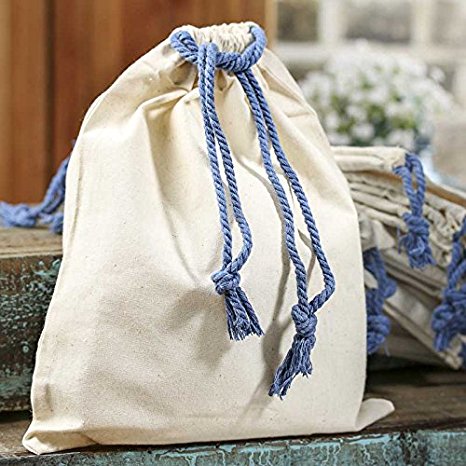 Package of 10 Light Cotton and Muslin Bags with Blue Rope Handles for Favors, Crafting and Creating