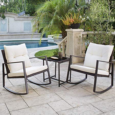 Solaura Outdoor Furniture 3-Piece Bistro Set Brown Wicker Patio Rocking Chairs with Beige Cushions & Glass Coffee Table