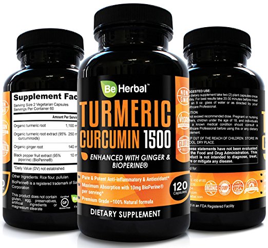 BE HERBAL Premium Organic Turmeric Curcumin with Bioperine 1500mg - The Most Potent Organic Curcumin Supplement standardized to 95% Curcuminoids - Enhanced with Ginger Extract - 120 Veg Capsules