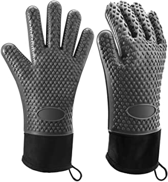 Silicone Oven Mitt, Lermende BBQ Grilling Gloves Heat Resistant Non-Slip Silicone Protective Gloves with Internal Protective Cotton Layer, Waterproof, Great for BBQ, Baking and Cooking