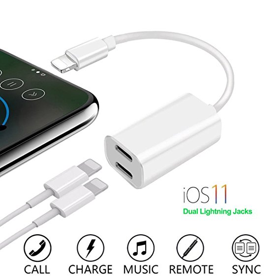 Dual Lightning Adapter for iPhone 7/7 Plus, iPhone 8/8 Plus, iPhone X, Assrid 2 in 1 iPhone 8 Adapter Splitter Cable Audio & Charge Port Converter support for Music, Charge and Call(Support iOS 11)