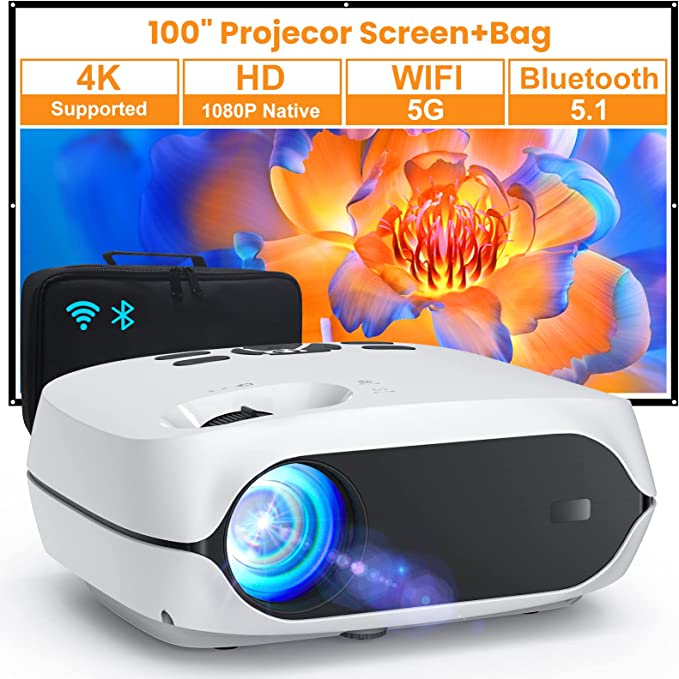 Projector, 5G WiFi Bluetooth Projector, Native 1080P Portable Projector with Screen and Bag, Support 4K, Zoom, 300" Outdoor Movie Projector Compatible with iOS/Android/TV Stick/PS5