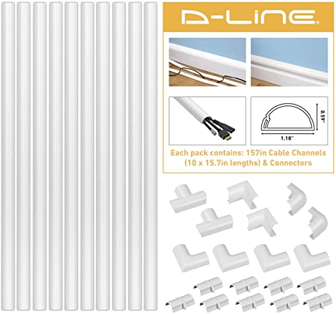 D-Line Cord Cover Kit, 10x 15.7in Self-Adhesive Wire Hider Channels and Accessories, Cable Raceway to Hide Wires on Wall, Cable Management - 13FT Total Cord Coverage, Medium