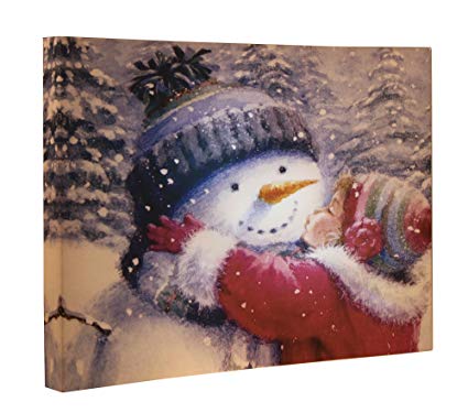 Snowman Kiss Canvas Wall Hanging by Clever Creations | Little Girl Kissing Snowman Christmas Image | Bright LEDs | Holiday Décor | Attached Hanging Mount | Measures 16” x 12” | Battery Powered